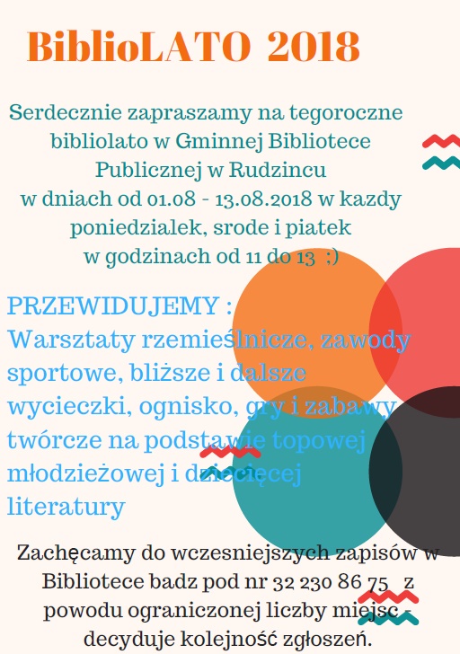 Plakat zachęca do udziało w zajęciach od 01.08 do 13.08 w każdy pniedziałek, środę i piątek w godzinach od 11 do 13 do zajęć