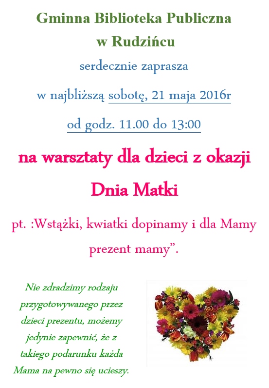 Obrazek informujący o spotkaniu 21 maja 2016 roku w bibliotece o godzinie 11 z okazji dnia matki