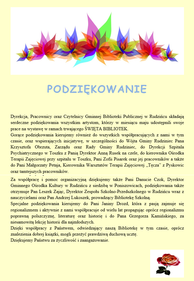 Podziękowanie za realizację tygodnia biblioteki 2017